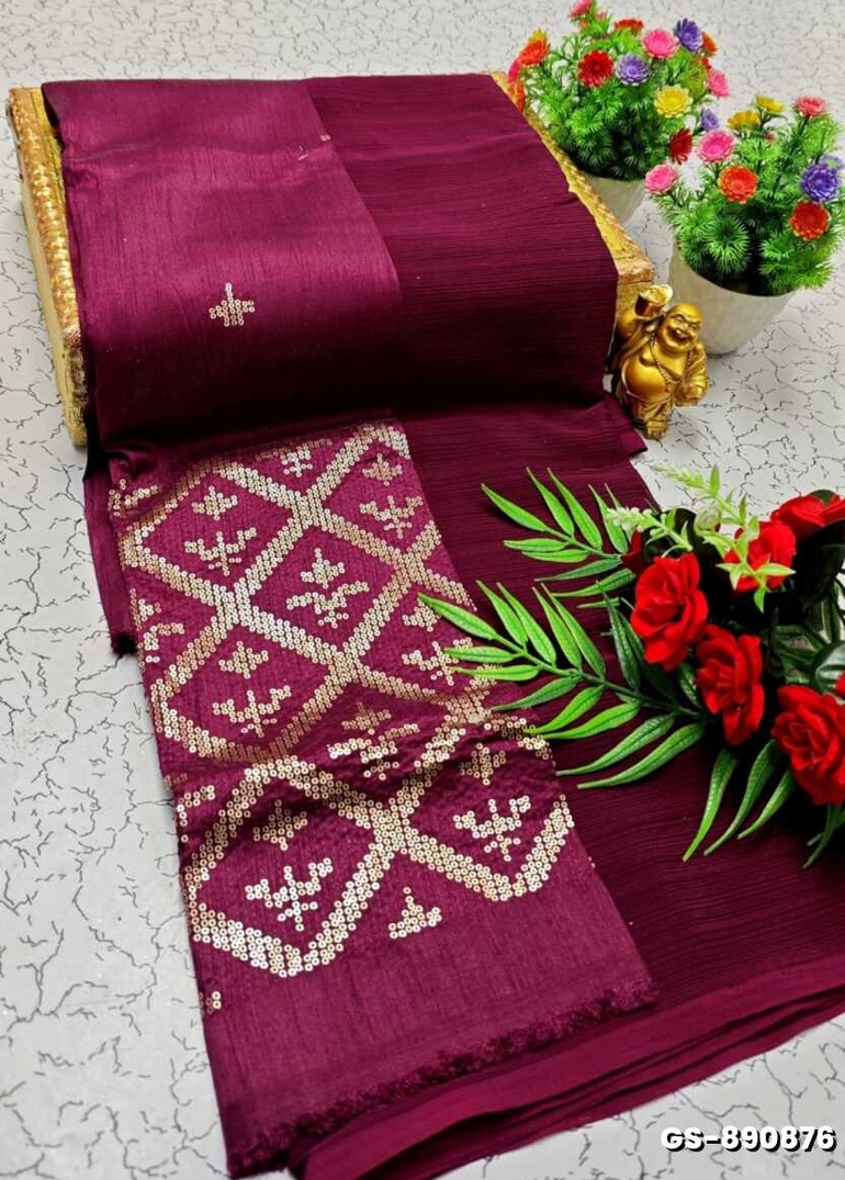 GEORGETTE FANCY SOFT SILK SAREES WITH BLOUSE MODERN FANCY ITEM SAREES - PLUM COLOUR (2)