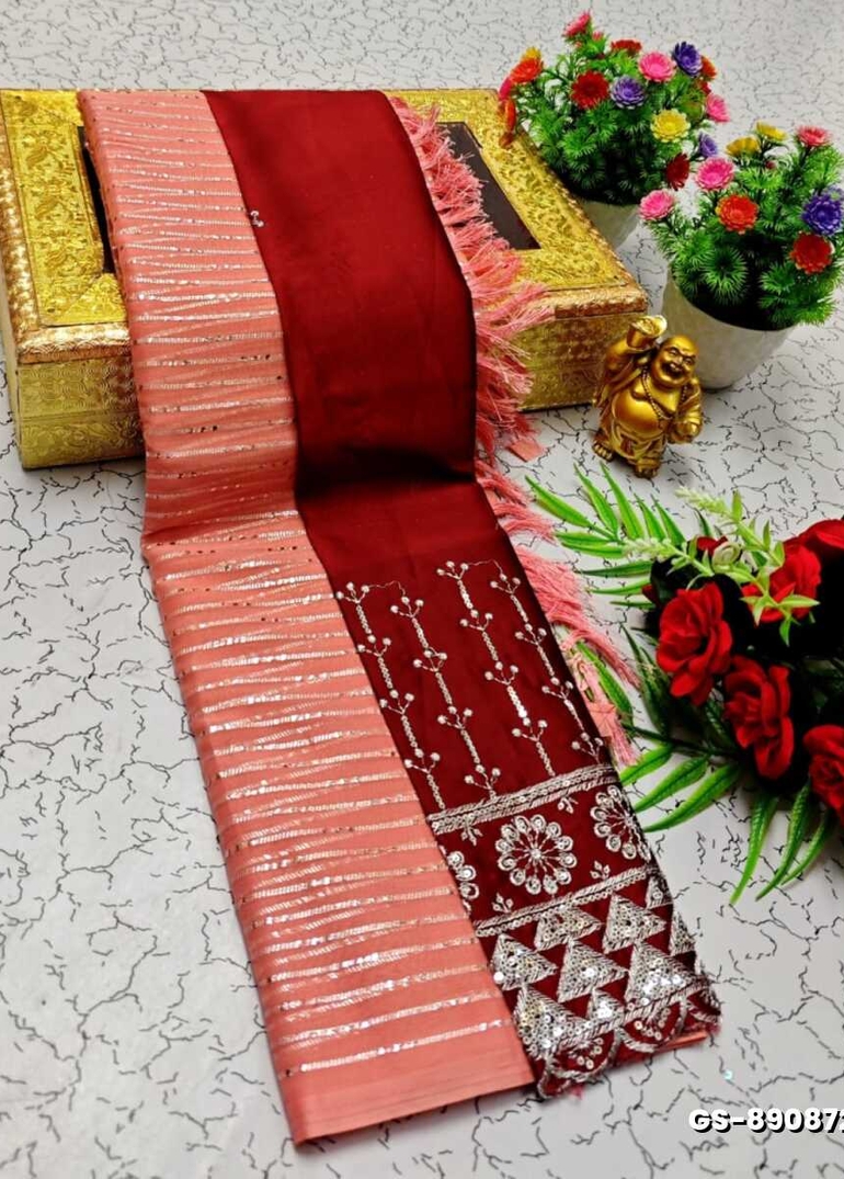 GEORGETTE FANCY SOFT SILK SAREES WITH BLOUSE MODERN FANCY ITEM SAREES - CORAL COLOUR (1)