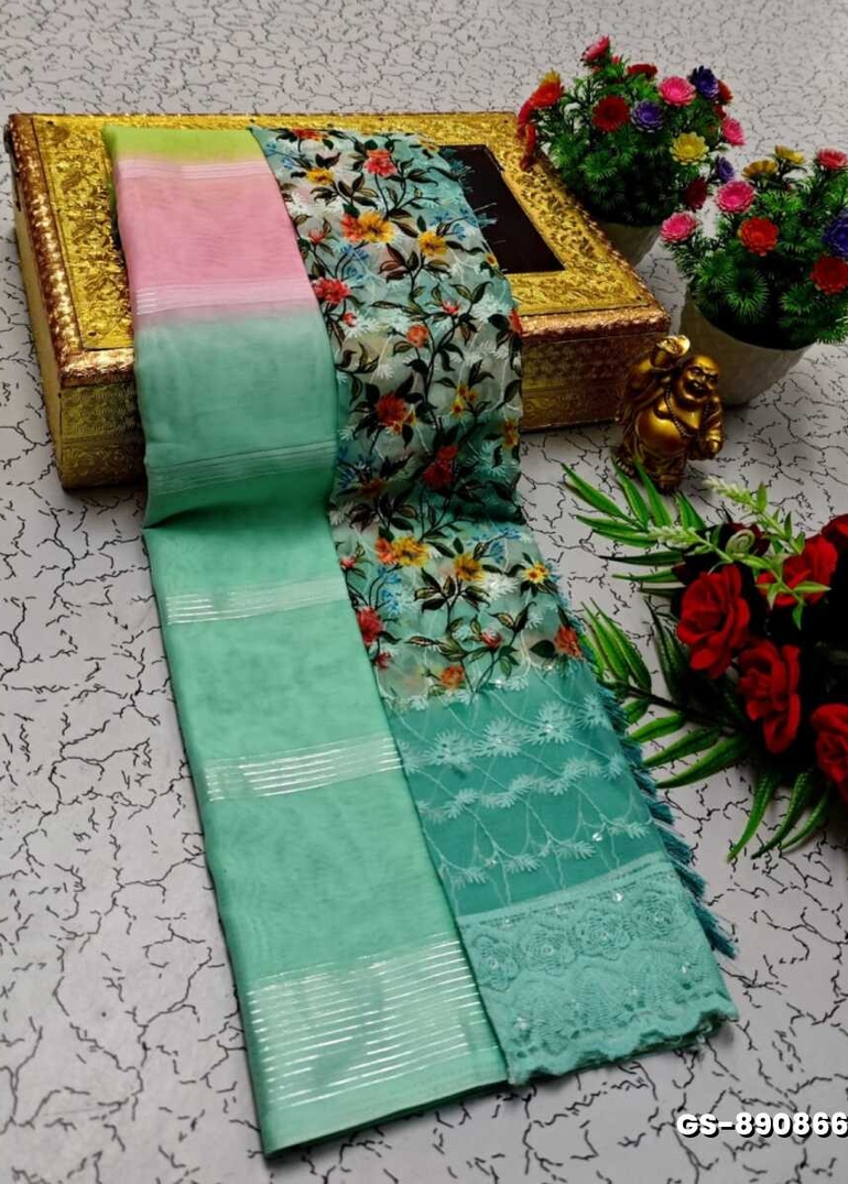 GEORGETTE FANCY SOFT SILK SAREES WITH BLOUSE MODERN FANCY ITEM SAREES - TUQUOISE