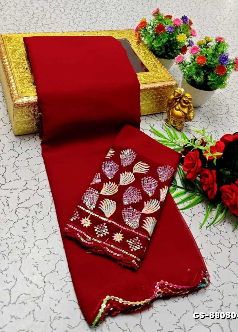 GEORGETTE FANCY SOFT SILK SAREES WITH BLOUSE MODERN FANCY ITEM SAREES - RED (1)