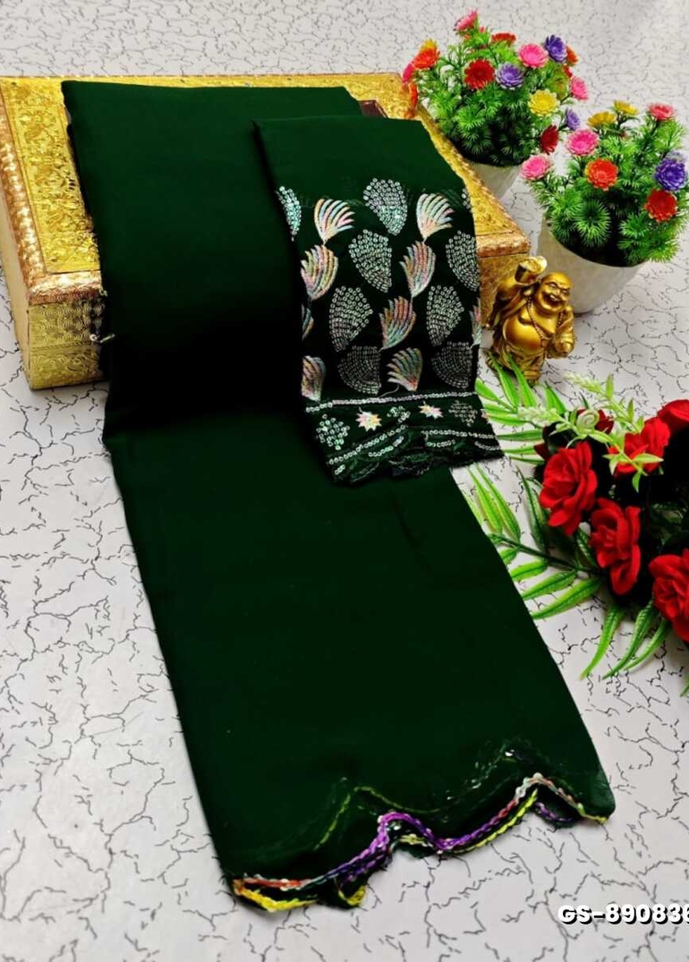 GEORGETTE FANCY SOFT SILK SAREES WITH BLOUSE MODERN FANCY ITEM SAREES - BOTTLE GREEN (1)
