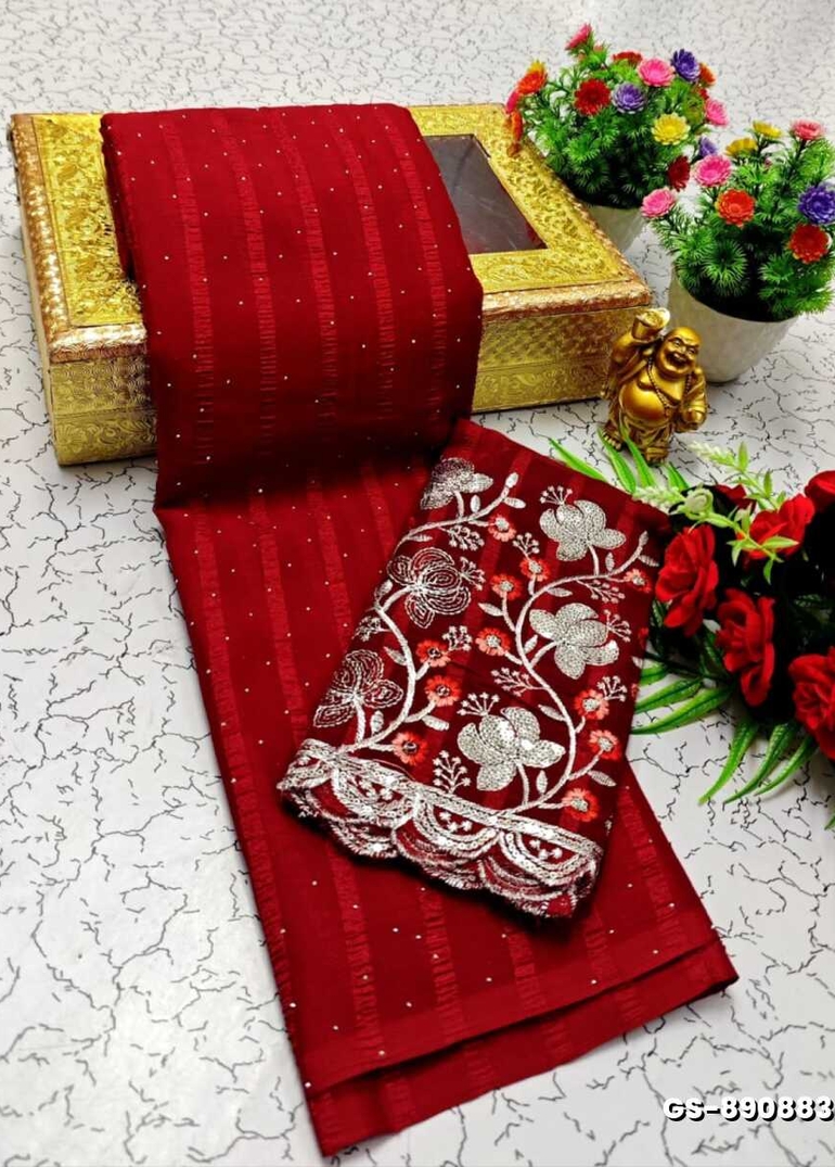 GEORGETTE FANCY SOFT SILK SAREES WITH BLOUSE MODERN FANCY ITEM SAREES - TOMATO COLOUR