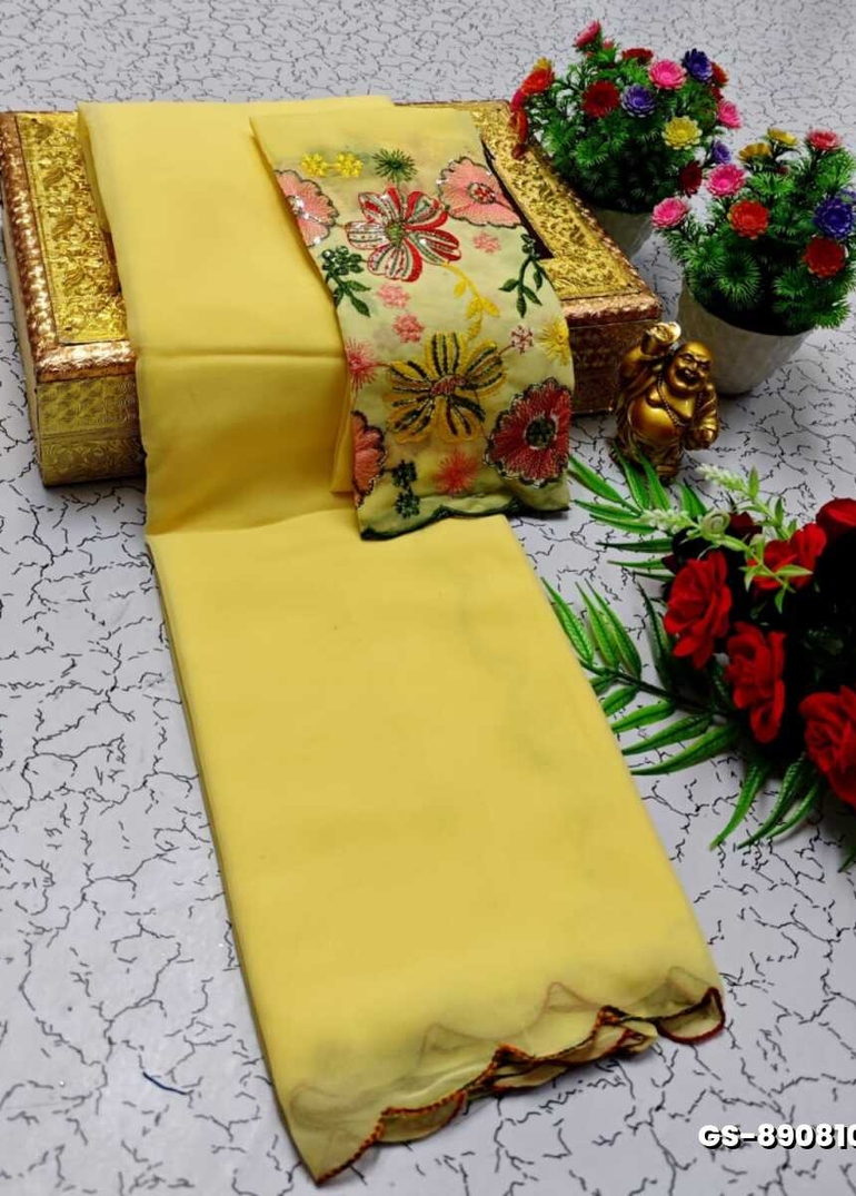 GEORGETTE FANCY SOFT SILK SAREES WITH BLOUSE MODERN FANCY ITEM SAREES - YELLOW (2)