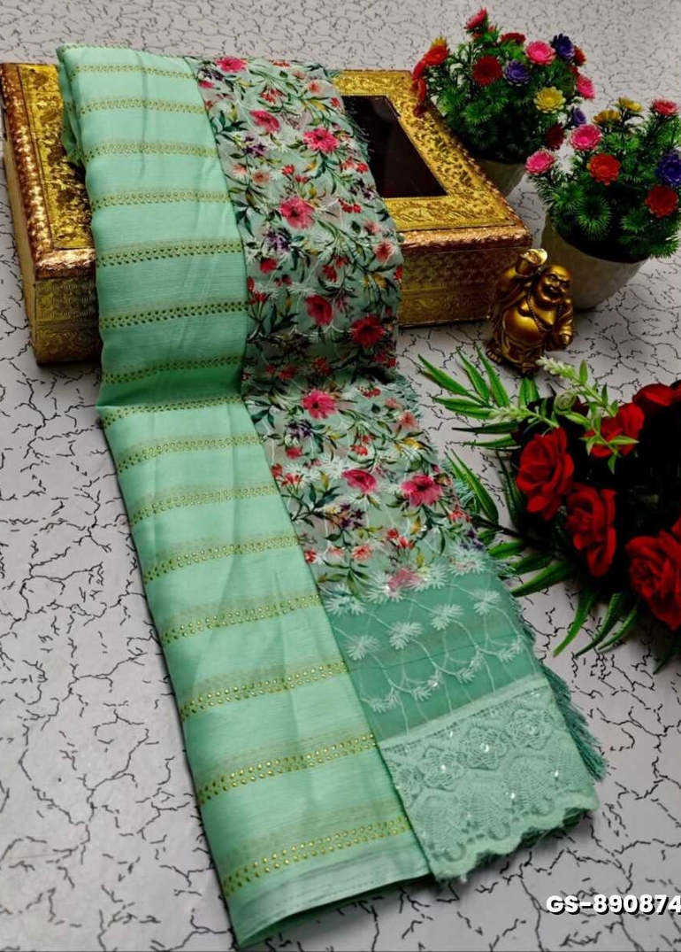 GEORGETTE FANCY SOFT SILK SAREES WITH BLOUSE MODERN FANCY ITEM SAREES - EMERALD COLOUR