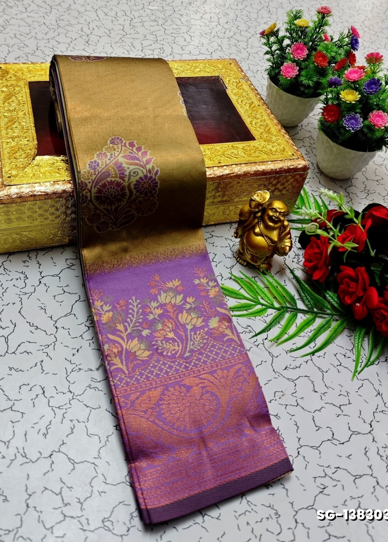 KUBERA ELITE BRIDAL RAPIER FANCY LIGHT WEIGHT SILK TYPE SAREES FUNCTION WEAR SAREE COPPER ZARI MIXED DESIGN - GOLD