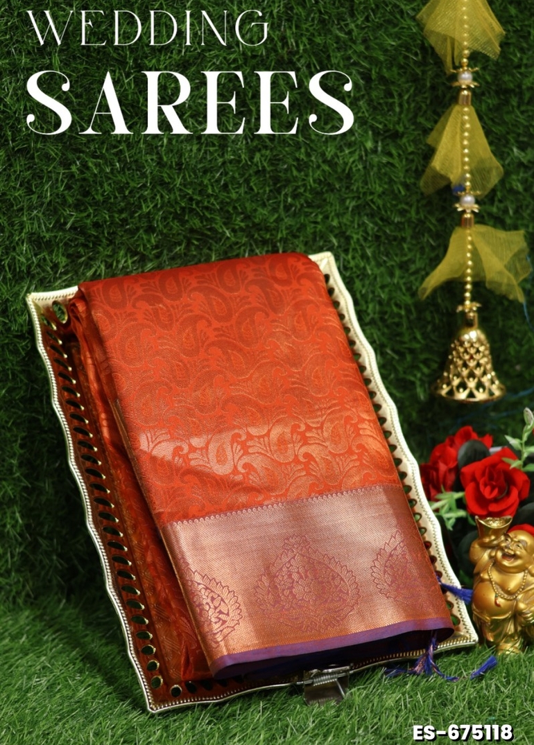 Bridal silk gold silvar and copper zari weave and wedding art silk sarees - PEACH (1)