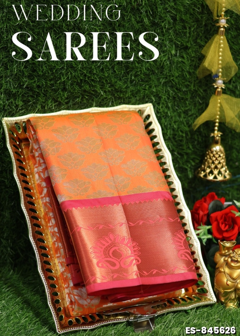 Bridal silk gold silvar and copper zari weave and wedding art silk sarees - ORANGE N (9)