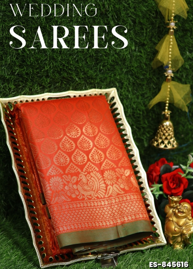 Bridal silk gold silvar and copper zari weave and wedding art silk sarees - ORANGE (7)