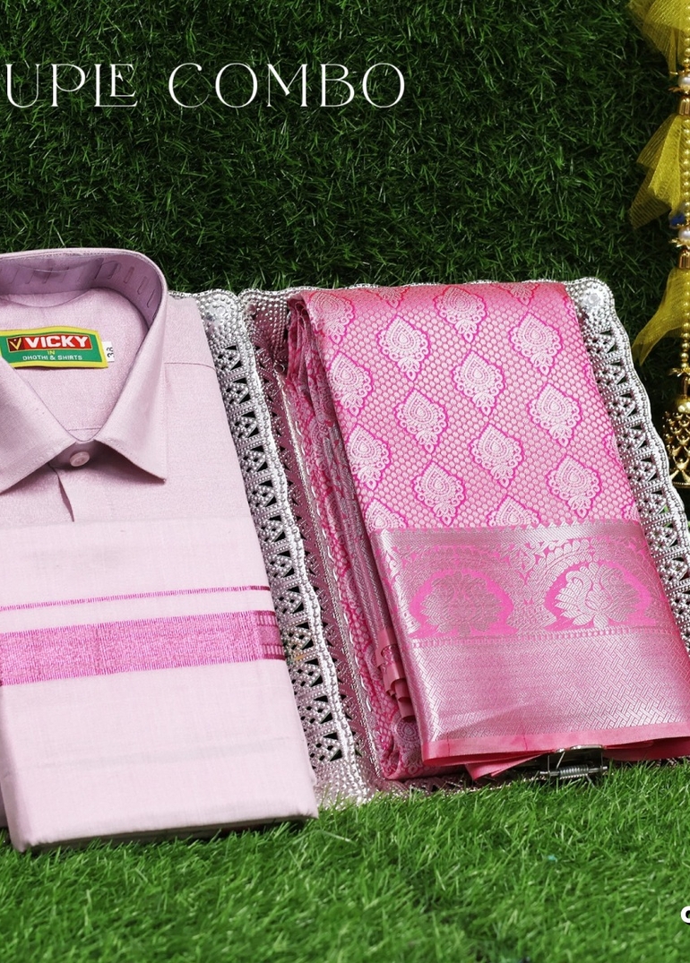Elegant Tissue Dhoti Shirt & Saree Couple Combo coordinated look for special occasions - BABY PINK (1)