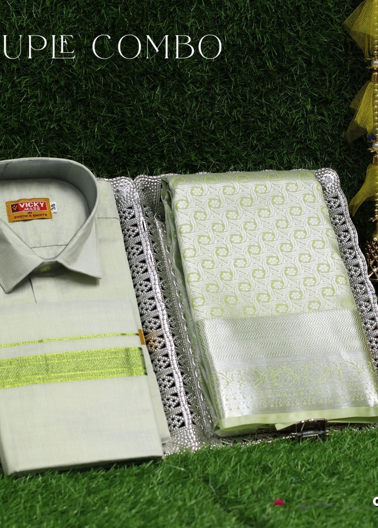 Elegant Tissue Dhoti Shirt & Saree Couple Combo coordinated look for special occasions - LIGHT GREEN (1)