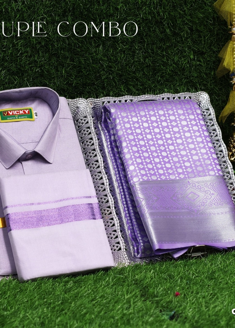 Elegant Tissue Dhoti Shirt & Saree Couple Combo coordinated look for special occasions - LEVENDOR (1)