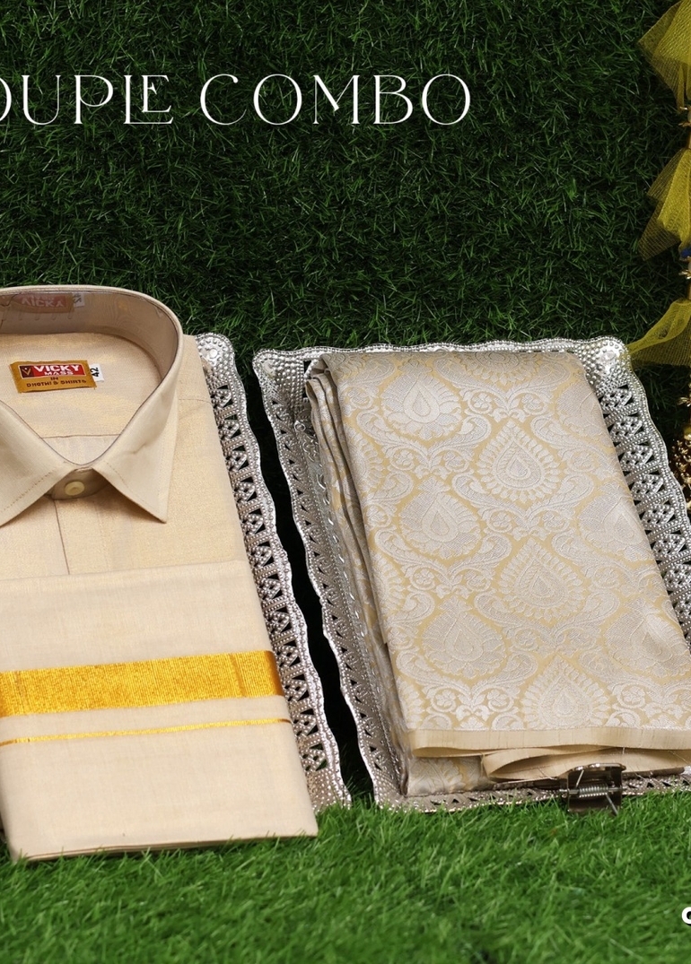 Elegant Tissue Dhoti Shirt & Saree Couple Combo coordinated look for special occasions - CREAM