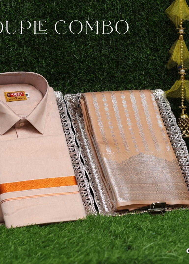 Elegant Tissue Dhoti Shirt & Saree Couple Combo coordinated look for special occasions - LIGHT SANDLE (1)