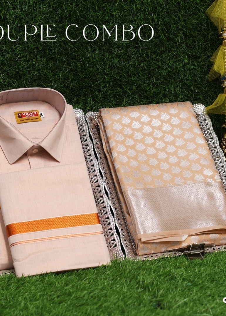 Elegant Tissue Dhoti Shirt & Saree Couple Combo coordinated look for special occasions - PEACH COLOUR (1)