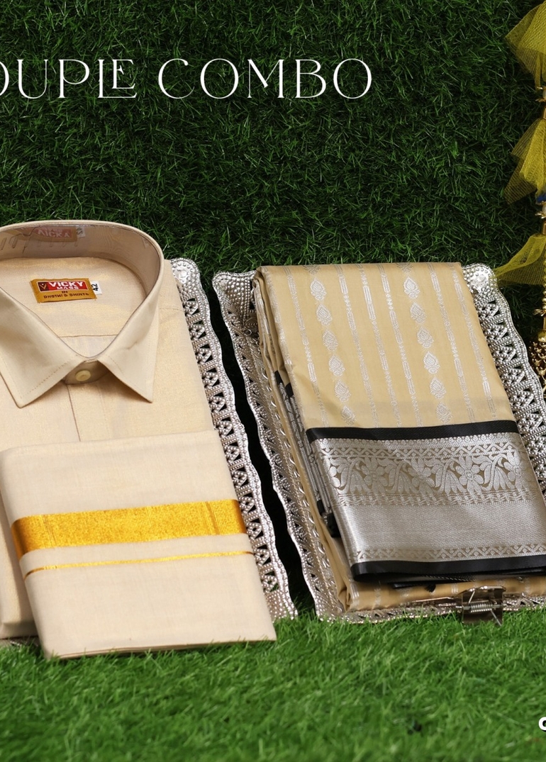 Elegant Tissue Dhoti Shirt & Saree Couple Combo coordinated look for special occasions - CREAM (1)