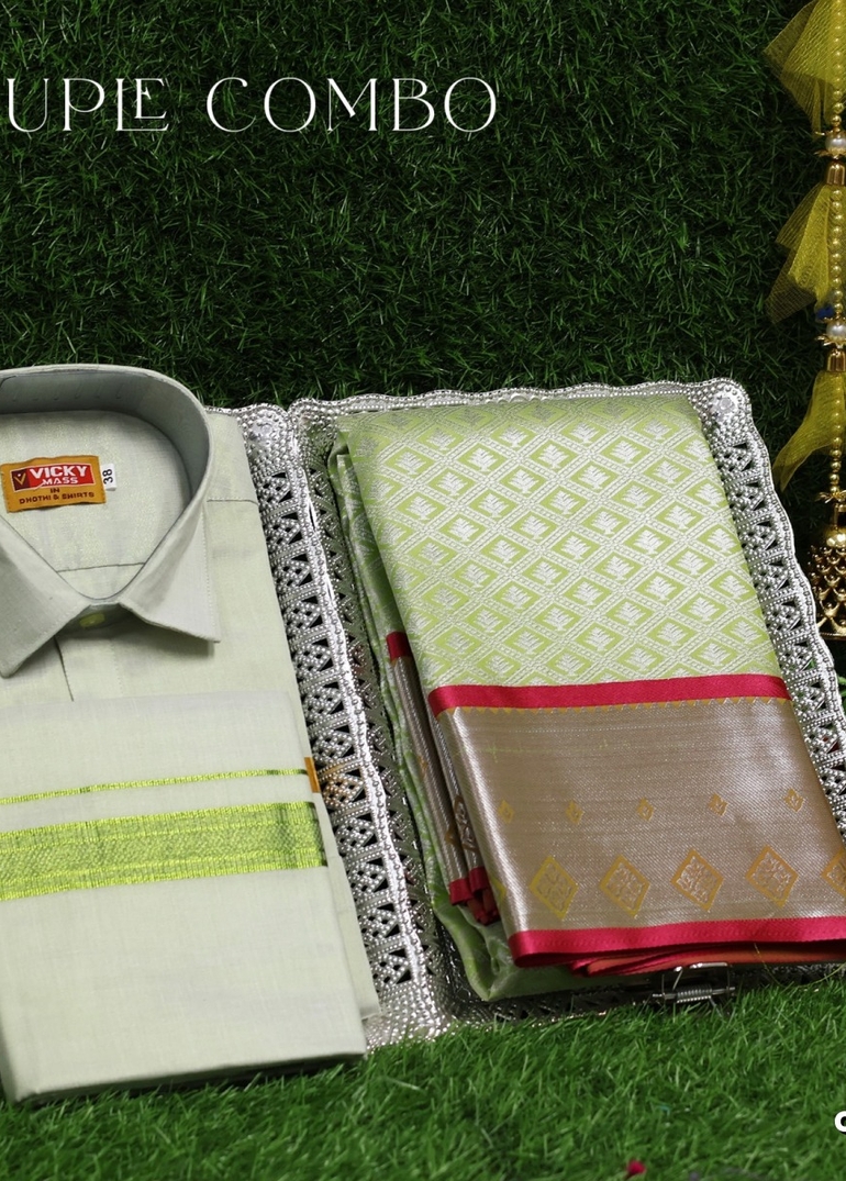 Elegant Tissue Dhoti Shirt & Saree Couple Combo coordinated look for special occasions - LIGHT GREEN (2)
