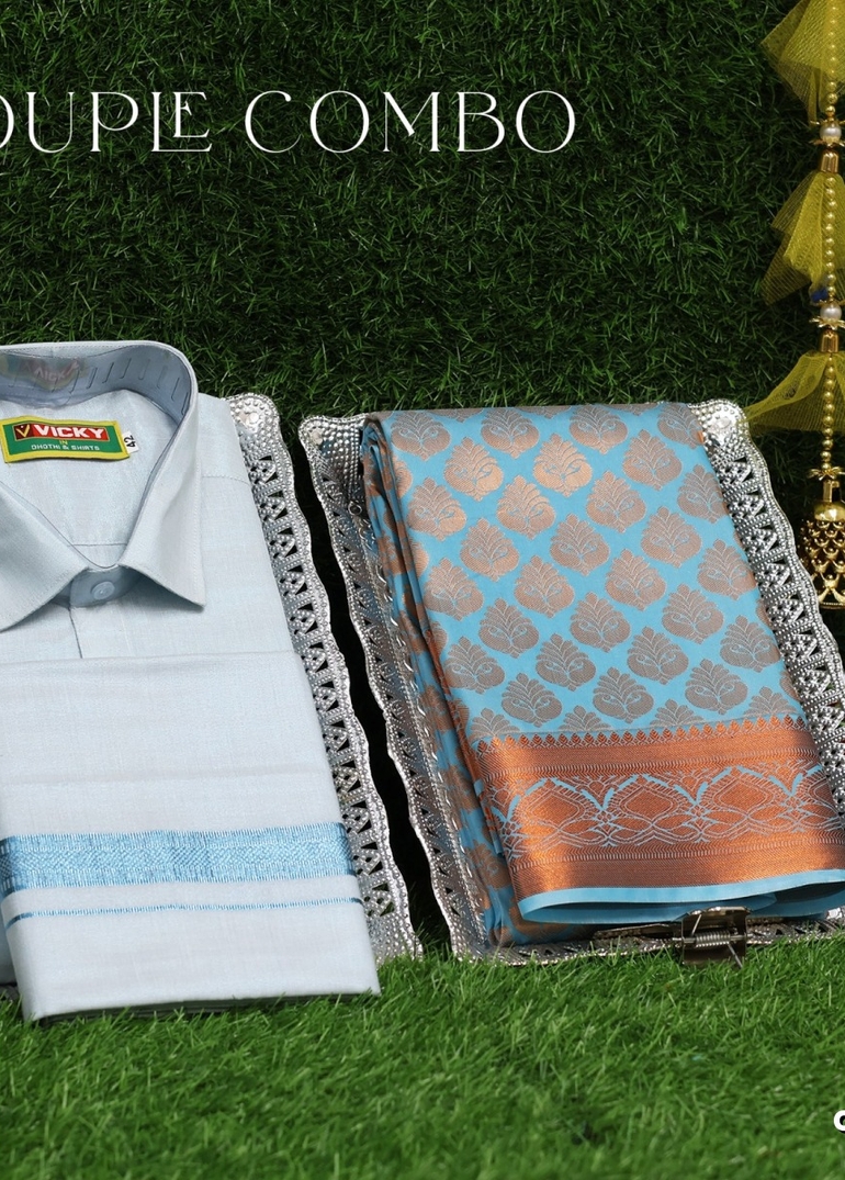 Elegant Tissue Dhoti Shirt & Saree Couple Combo coordinated look for special occasions - LIGHT SKY BLUE (2)
