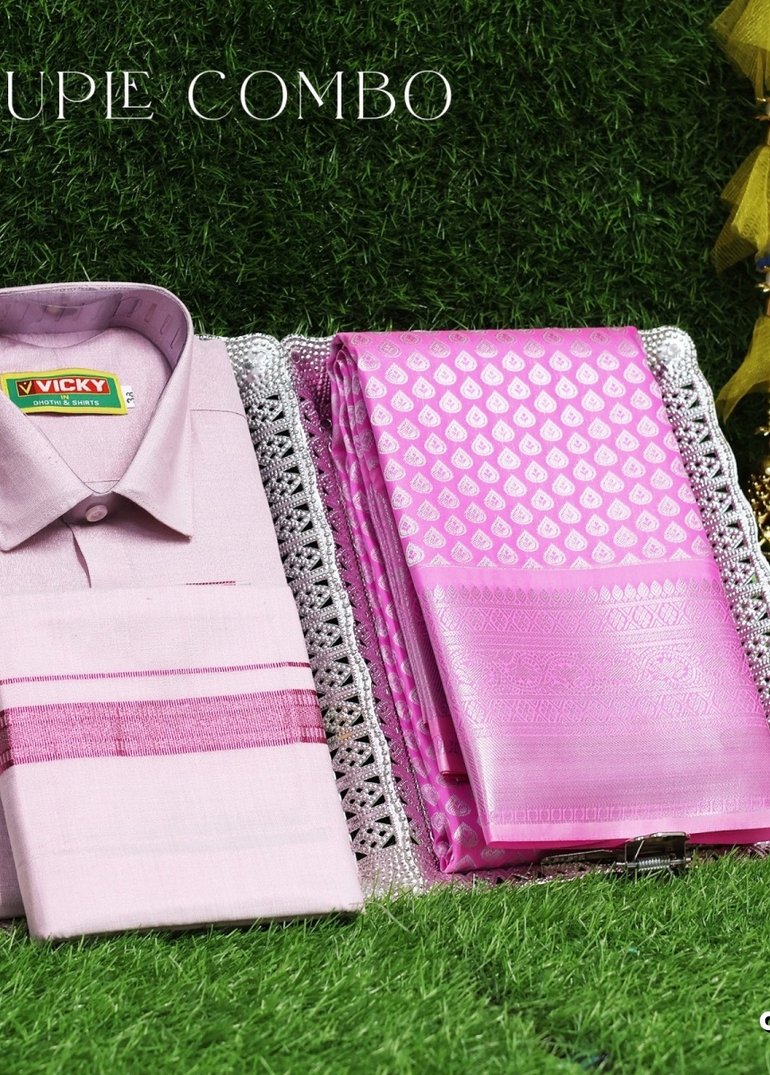 Elegant Tissue Dhoti Shirt & Saree Couple Combo coordinated look for special occasions - BABY PINK (2)