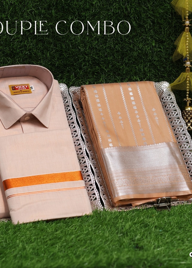 Elegant Tissue Dhoti Shirt & Saree Couple Combo coordinated look for special occasions - PEACH COLOUR (2)