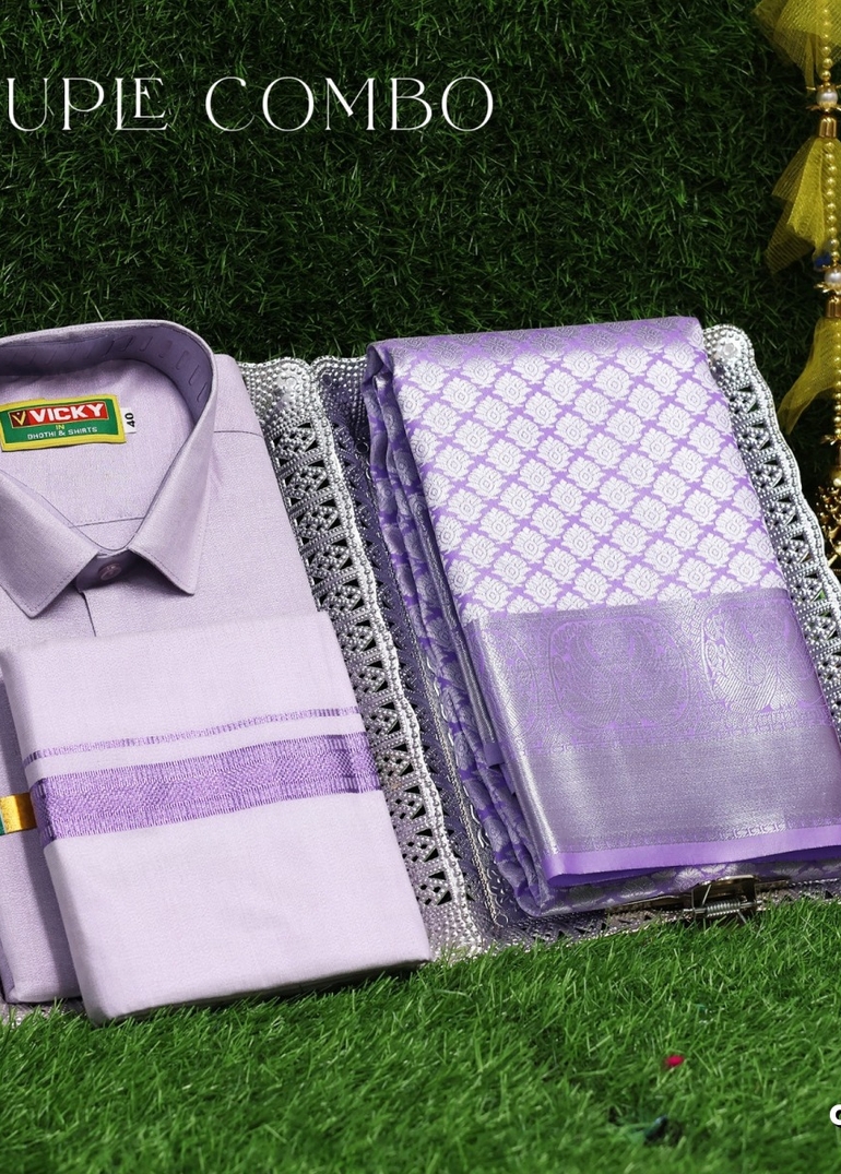 Elegant Tissue Dhoti Shirt & Saree Couple Combo coordinated look for special occasions - LEVENDOR (3)
