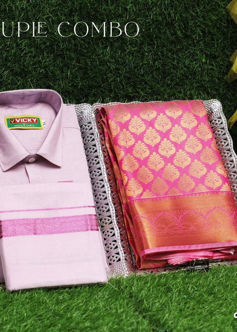 Elegant Tissue Dhoti Shirt & Saree Couple Combo coordinated look for special occasions - BABY PINK (3)