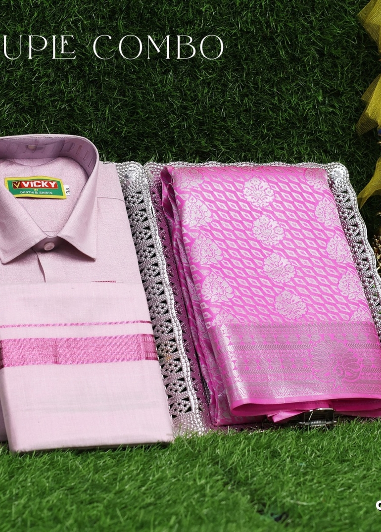 Elegant Tissue Dhoti Shirt & Saree Couple Combo coordinated look for special occasions - BABY PINK (7)