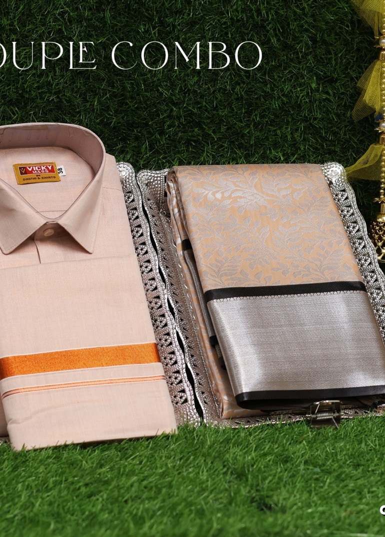 Elegant Tissue Dhoti Shirt & Saree Couple Combo coordinated look for special occasions - LIGHT SANDLE (5)