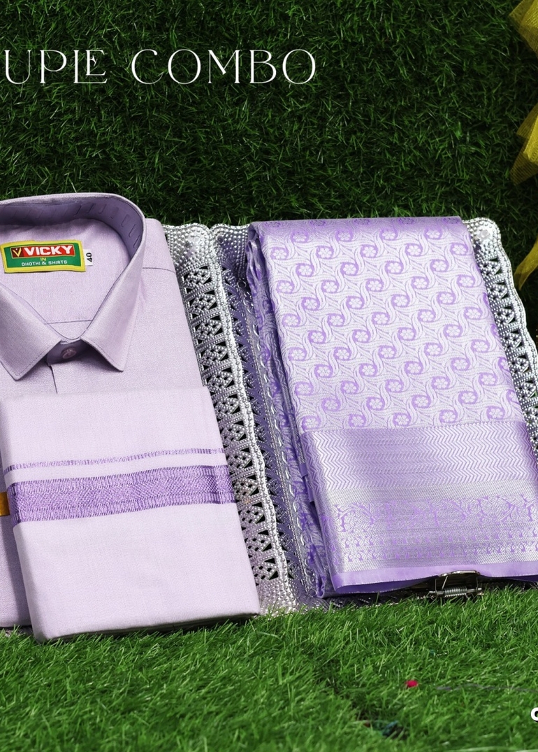 Elegant Tissue Dhoti Shirt & Saree Couple Combo coordinated look for special occasions - LEVENDOR (7)