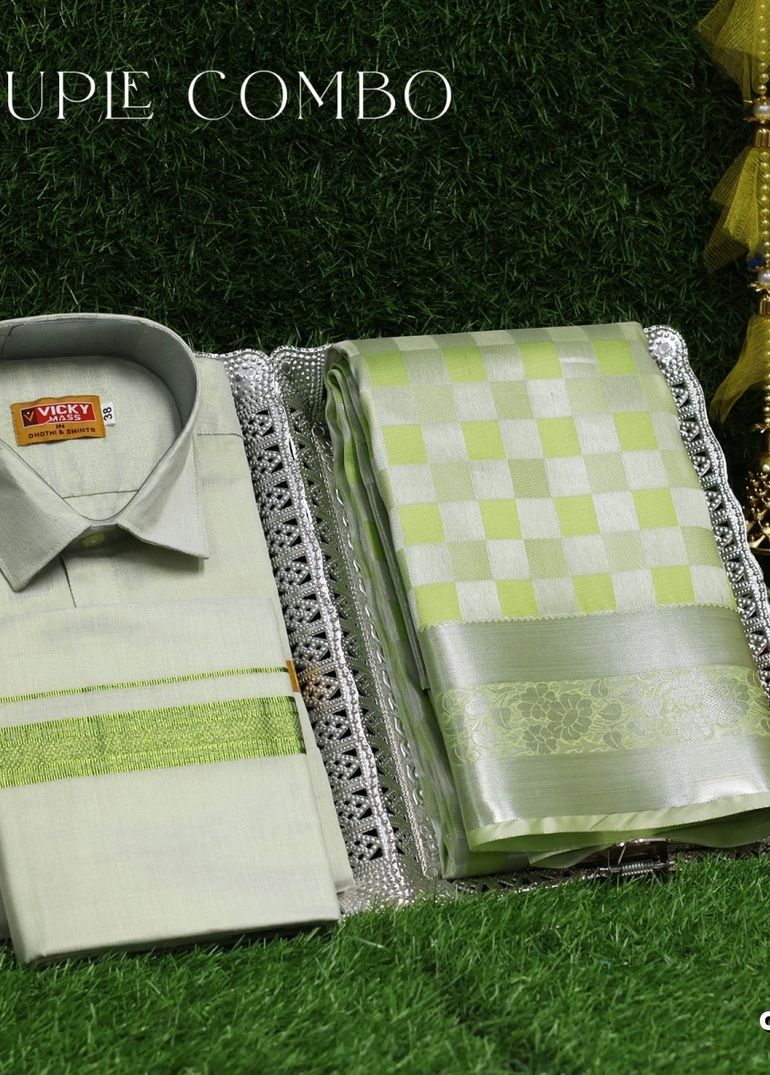 Elegant Tissue Dhoti Shirt & Saree Couple Combo coordinated look for special occasions - LIGHT GREEN (7)