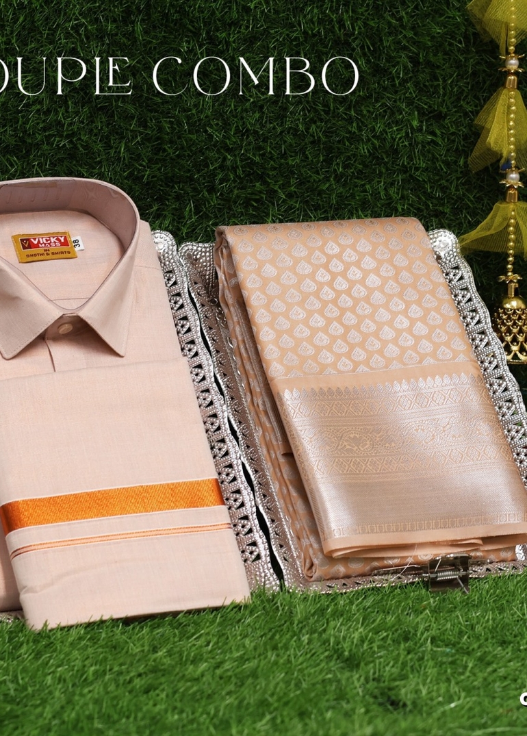 Elegant Tissue Dhoti Shirt & Saree Couple Combo coordinated look for special occasions - PEACH COLOUR (3)