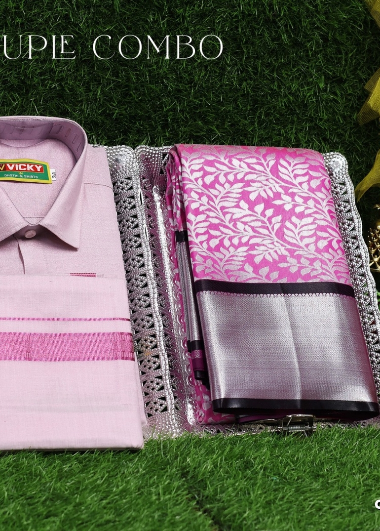 Elegant Tissue Dhoti Shirt & Saree Couple Combo coordinated look for special occasions - BABY PINK (9)