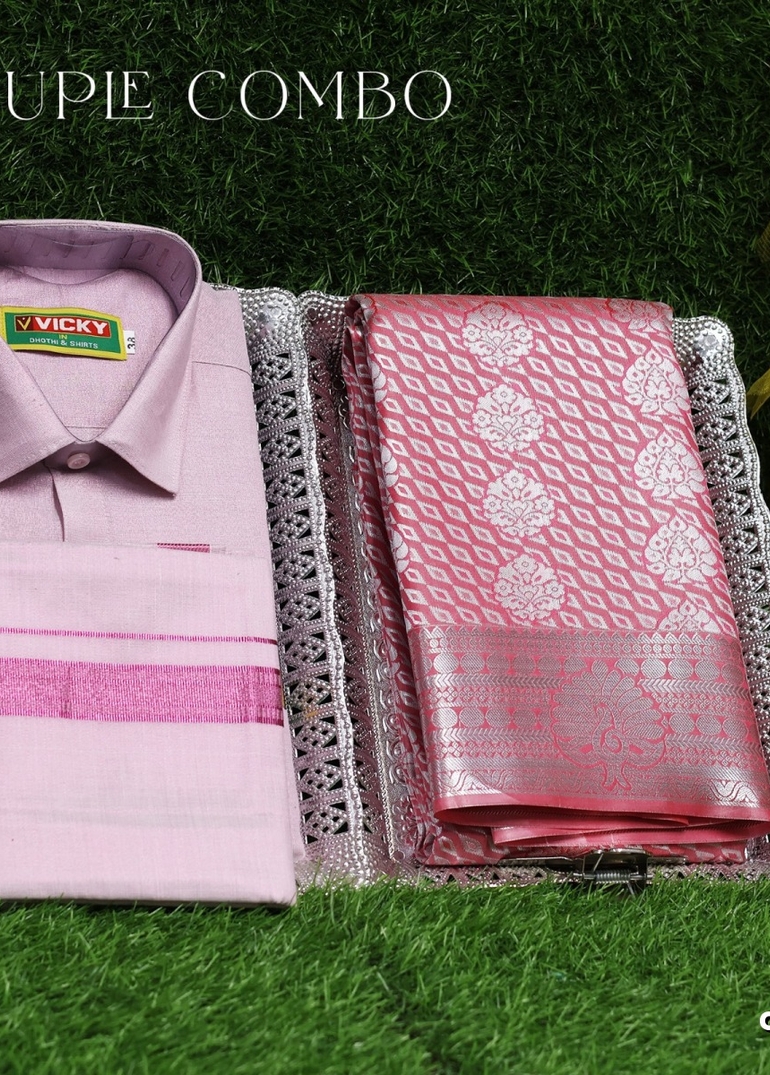 Elegant Tissue Dhoti Shirt & Saree Couple Combo coordinated look for special occasions - BABY PINK (10)