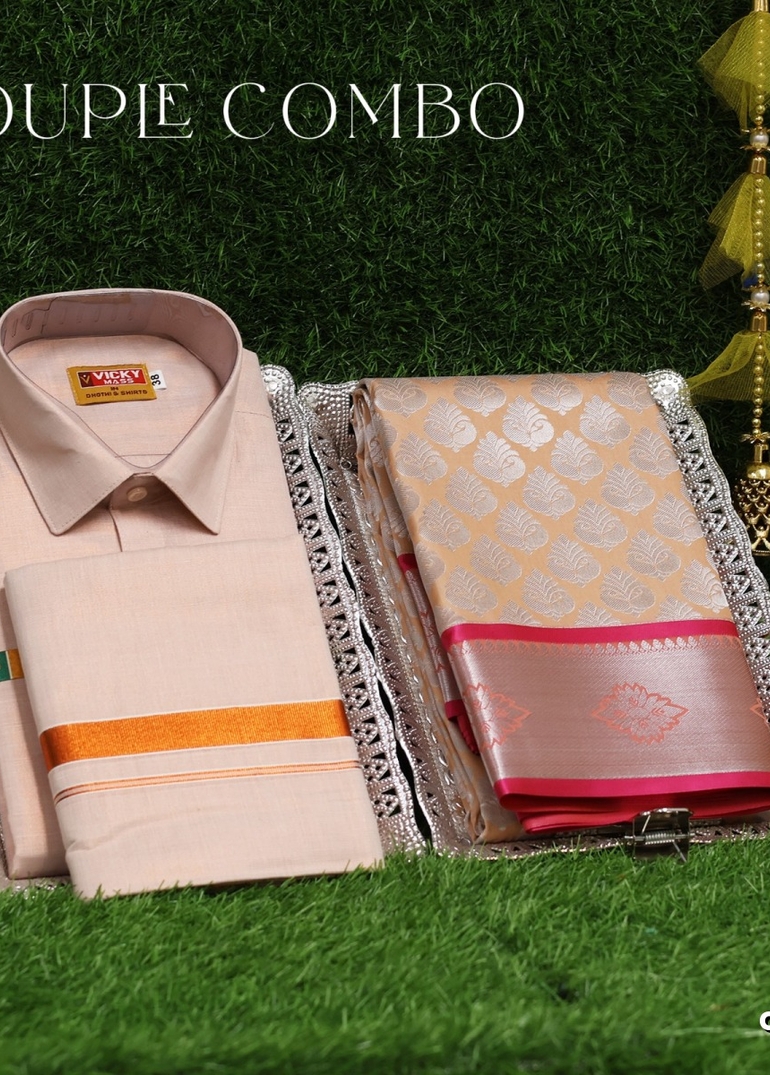 Elegant Tissue Dhoti Shirt & Saree Couple Combo coordinated look for special occasions - LIGHT SANDLE (6)