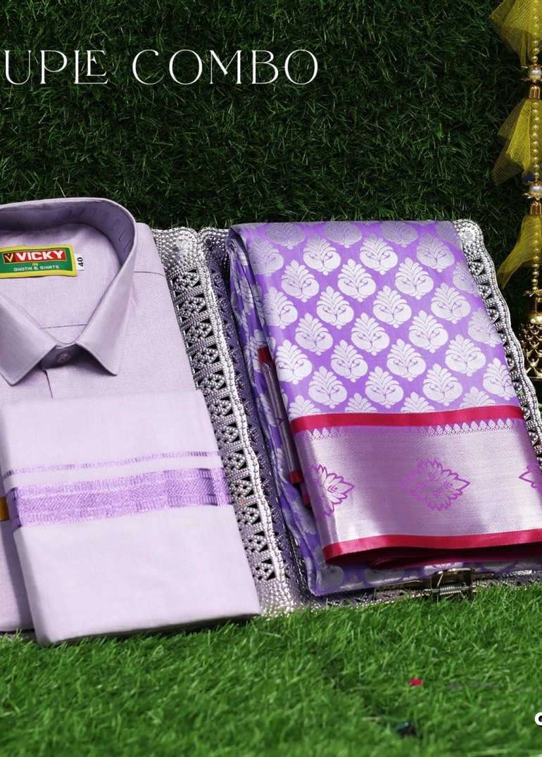Elegant Tissue Dhoti Shirt & Saree Couple Combo coordinated look for special occasions - LEVENDOR (10)