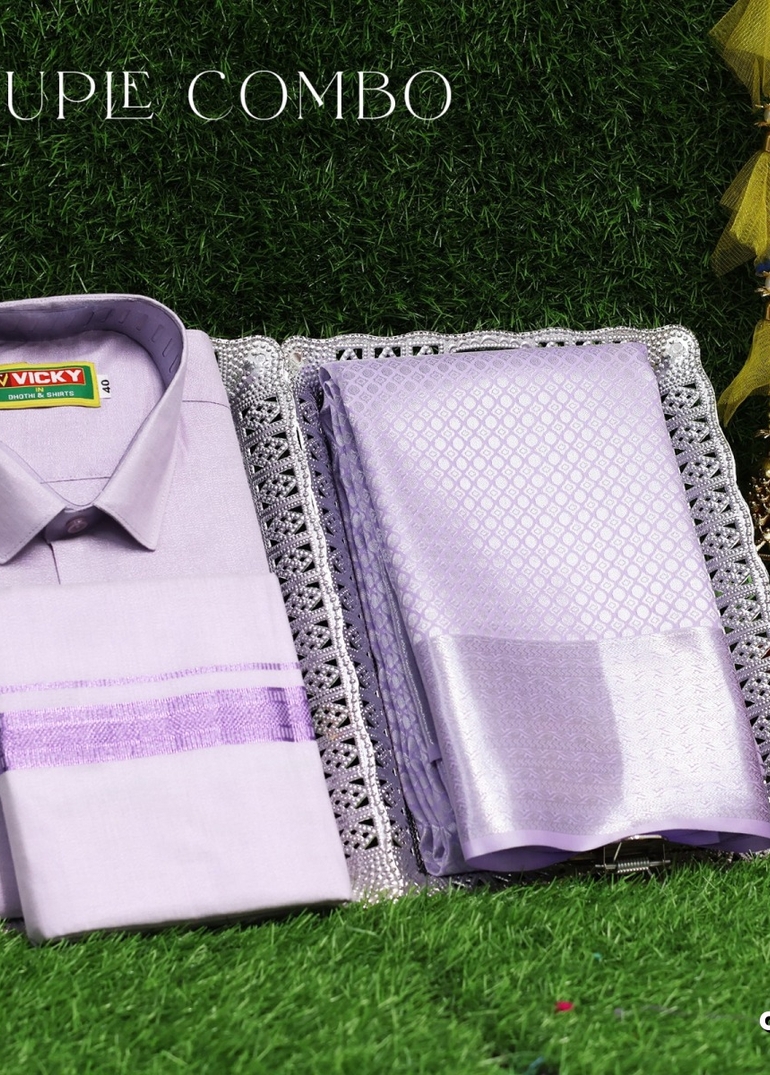 Elegant Tissue Dhoti Shirt & Saree Couple Combo coordinated look for special occasions - LEVENDOR (11)