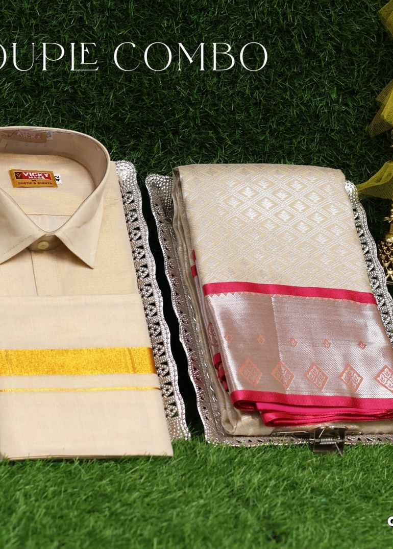 Elegant Tissue Dhoti Shirt & Saree Couple Combo coordinated look for special occasions - CREAM (4)