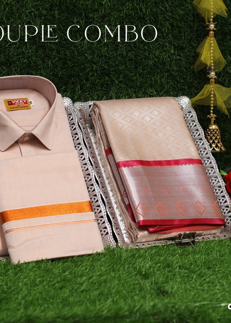 Elegant Tissue Dhoti Shirt & Saree Couple Combo coordinated look for special occasions - LIGHT SANDLE (7)