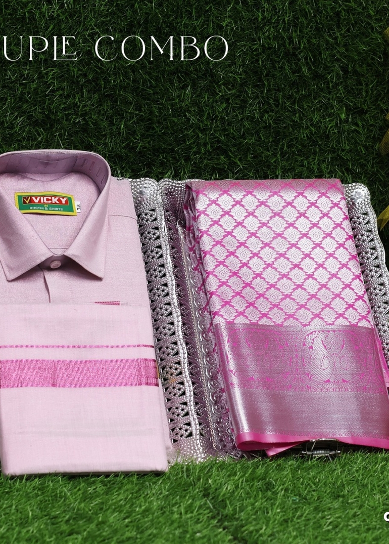Elegant Tissue Dhoti Shirt & Saree Couple Combo coordinated look for special occasions - BABY PINK (11)