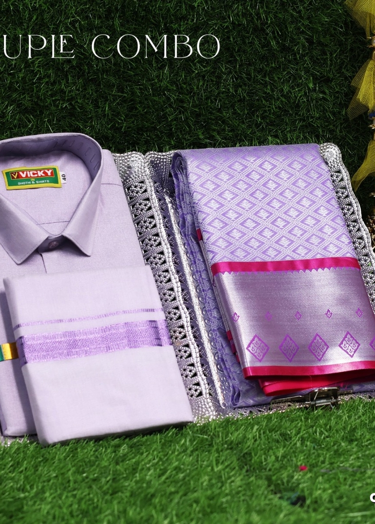 Elegant Tissue Dhoti Shirt & Saree Couple Combo coordinated look for special occasions - LEVENDOR (12)