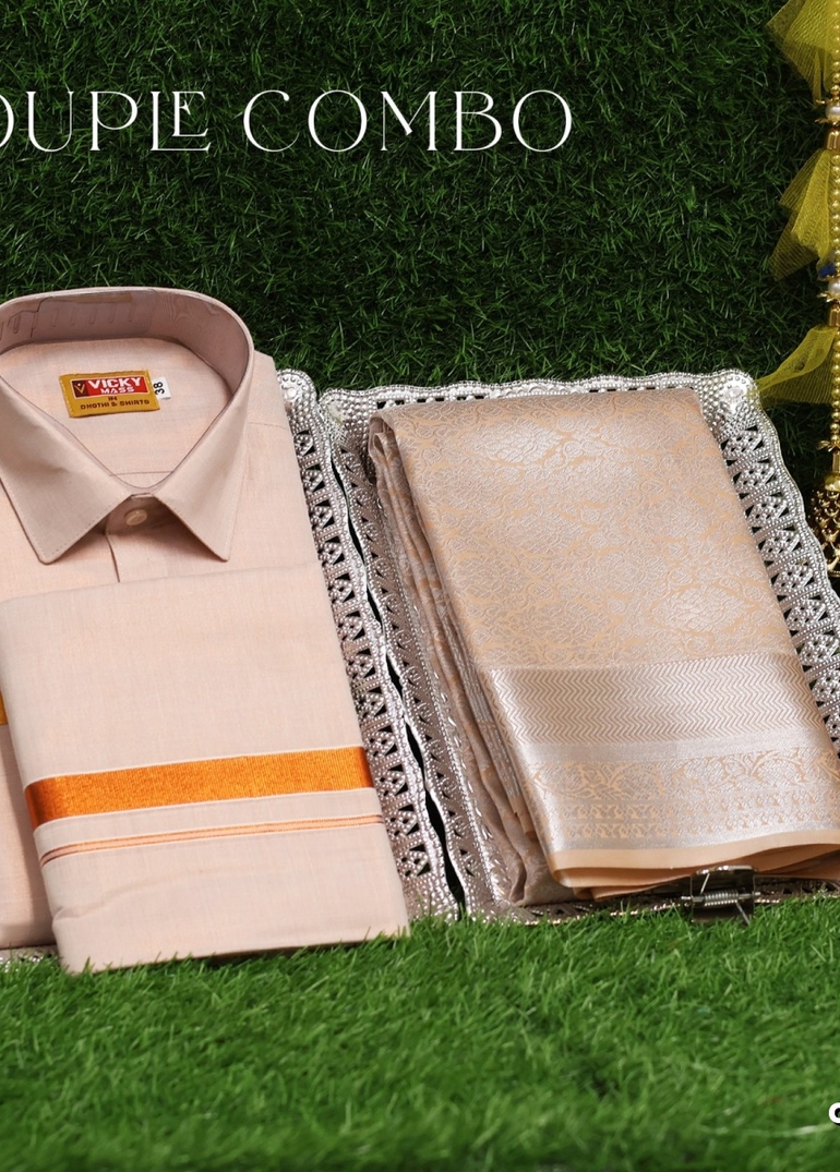Elegant Tissue Dhoti Shirt & Saree Couple Combo coordinated look for special occasions - PEACH COLOUR (5)