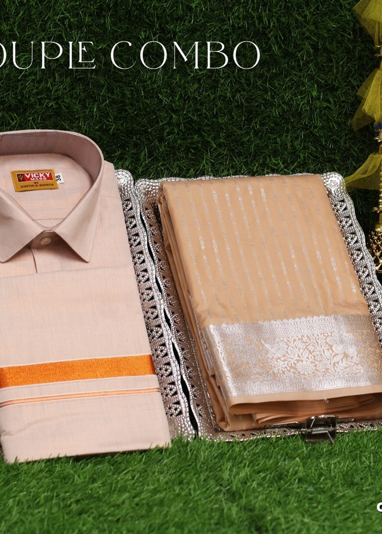 Elegant Tissue Dhoti Shirt & Saree Couple Combo coordinated look for special occasions - LIGHT SANDLE (8)