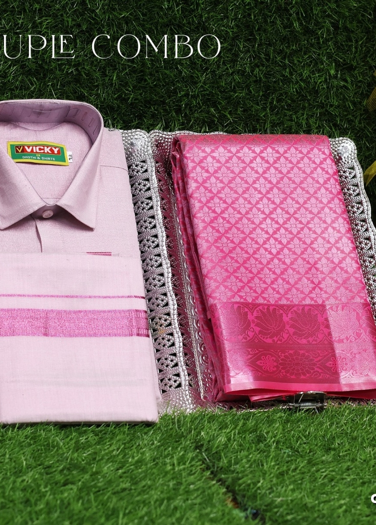 Elegant Tissue Dhoti Shirt & Saree Couple Combo coordinated look for special occasions - BABY PINK (12)