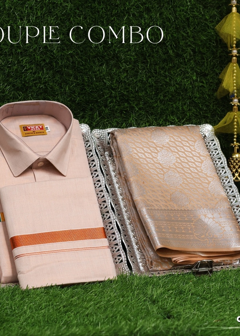 Elegant Tissue Dhoti Shirt & Saree Couple Combo coordinated look for special occasions - LIGHT SANDLE (9)