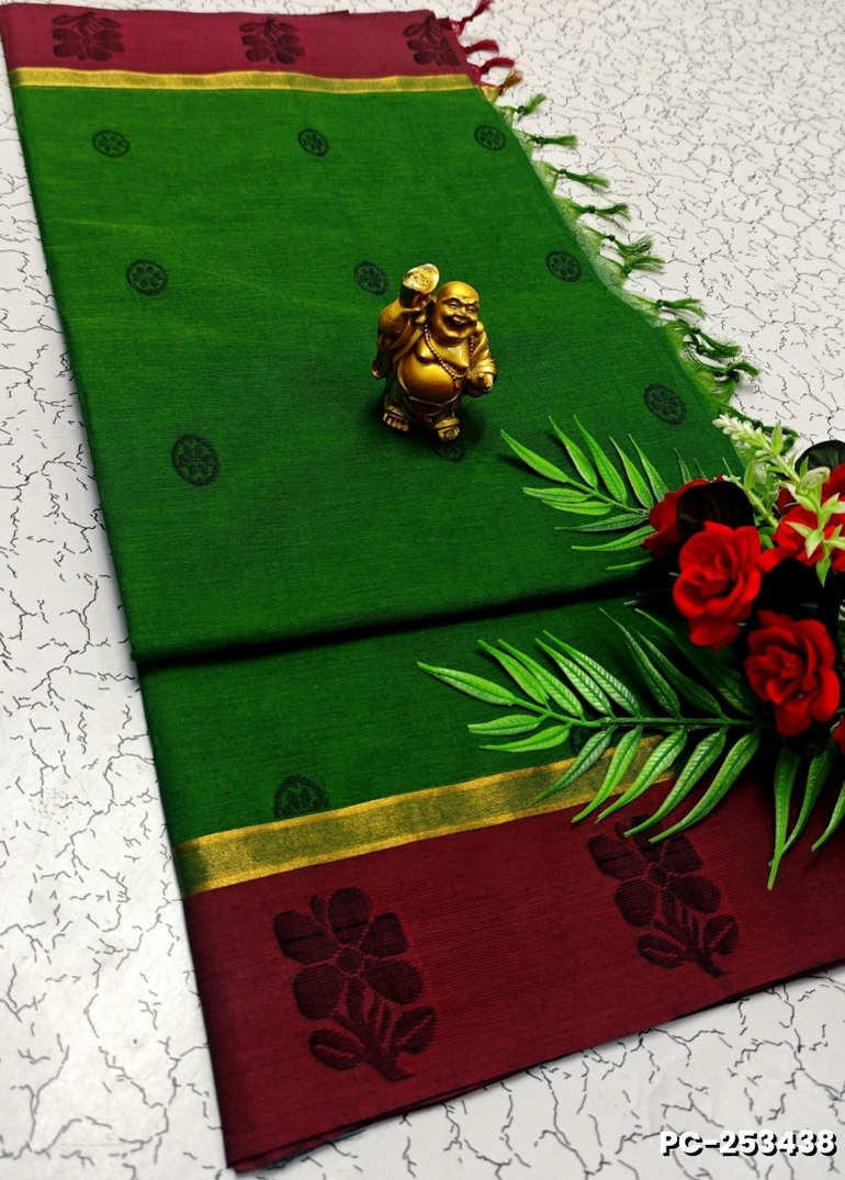 PURE COTTON HAND WORK BUTTAS SAREES –  OFFICE WEAR AND SUMMER SPECIAL COLLECTION - DARK GREEN