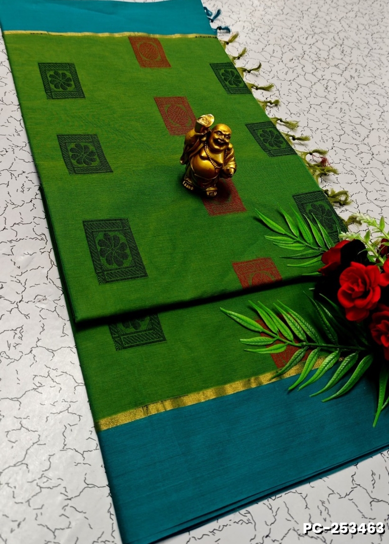 PURE COTTON HAND WORK BUTTAS SAREES –  OFFICE WEAR AND SUMMER SPECIAL COLLECTION - GREEN COLOUR