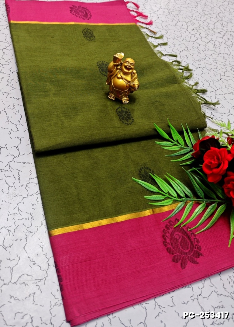 PURE COTTON HAND WORK BUTTAS SAREES –  OFFICE WEAR AND SUMMER SPECIAL COLLECTION - OLIVE GREEN