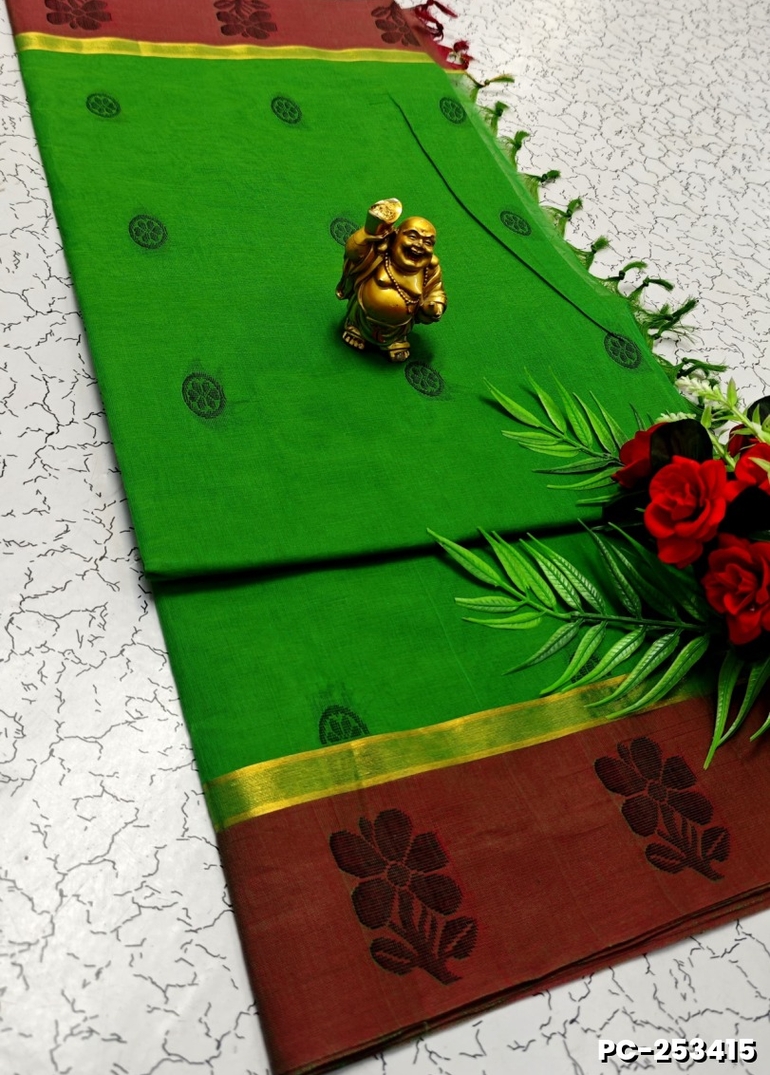 PURE COTTON HAND WORK BUTTAS SAREES –  OFFICE WEAR AND SUMMER SPECIAL COLLECTION - GREEN