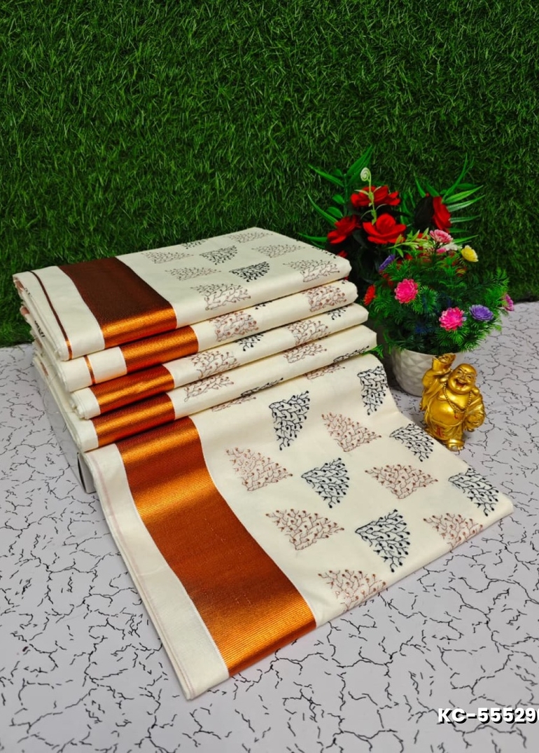 Trending Kerala Onam Special Kasavu Saree Full Work Embossed Digital Printing Cotton Saree Collections - WHITE N