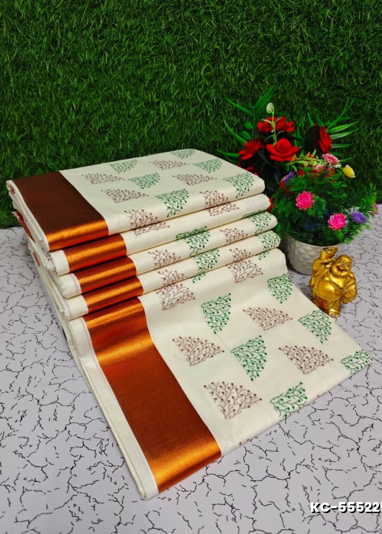 Trending Kerala Onam Special Kasavu Saree Full Work Embossed Digital Printing Cotton Saree Collections - WHITE (1)