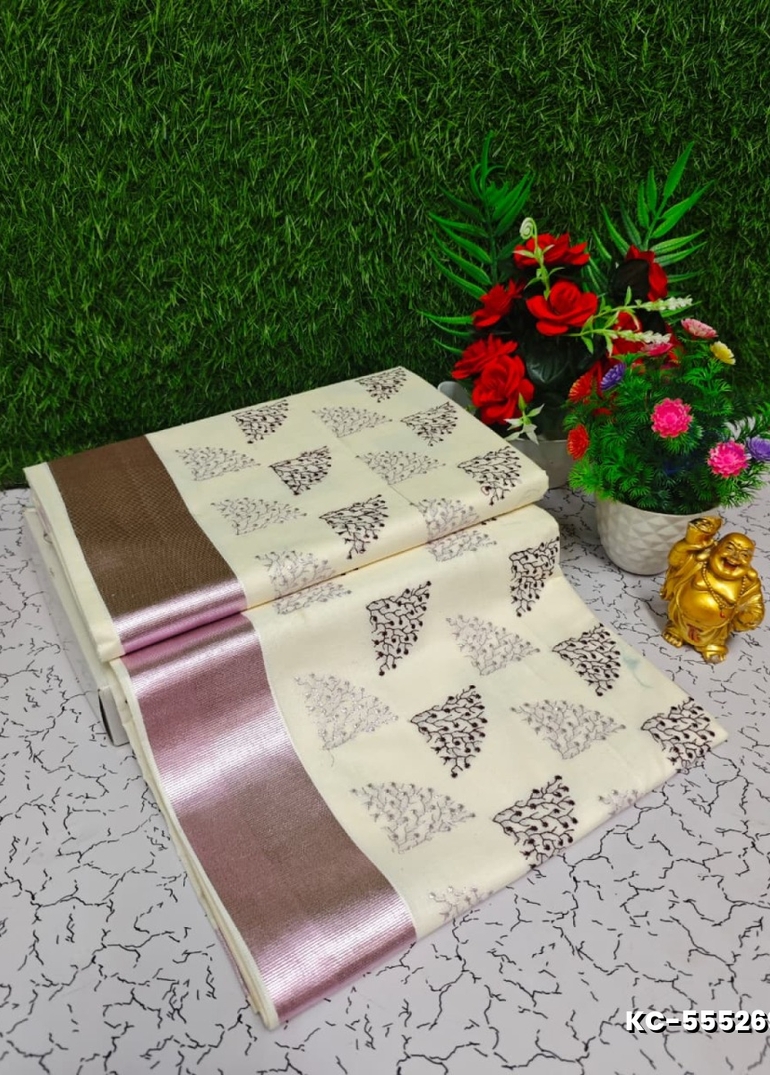 Trending Kerala Onam Special Kasavu Saree Full Work Embossed Digital Printing Cotton Saree Collections - BEIGE COLOUR (1)